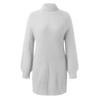 Yinmgmhj жилетка пуловери за жени есента зима дълъг ръкав костенурка солиден цвят ежедневна пуловер рокля дама пуловер рокля бяло