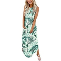 Женски рокли Летни без ръкави Флорално свободно слънце дълго кръстосано разцепване Макси плаж с джобове ежедневна рокля