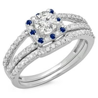 DazzlingRock Collection 14k кръг синьо сапфир и бял диамант разделен сплит ореол годежен пръстен, бяло злато, размер 10