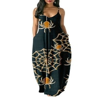 Grianlook жени лято плаж Sundress v Neck Long Dress Halloween Print Kaftan Maxi рокли Тиквени отпечатани дами бохемски без ръкави