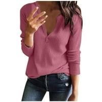 Дамски v Neck Henley ризи с дълъг ръкав вафли плетен свободен прилепващ топли тройници пуловери пуловери