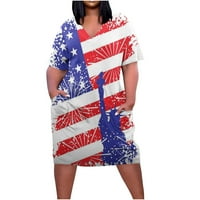 Дамски 4 юли Американски флаг звезда рокля Денят на независимостта Линейна рокля отпечатък свободен плюс размер рокля v-образно деколте с къс ръкав червен xxl