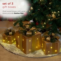 Алпийска корпорация комплект от разнообразни размери дървени Светещи празнични подаръчни кутии декор, злато