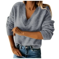 Плетен пуловер за женски дълъг ръкав с V-образно деколте, солиден разкрепостен плетен пуловер джъмпер есен пролетна блуза