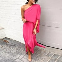 Женски рокли с дълъг ръкав отпечатана дължина на глезена A-Line Лято една рамо рокля горещо розово 2xl