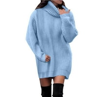 Жени зимни костенурки пуловер плътни цветове със средна дължина плетен пуловер Женски пуловер пуловер син XL