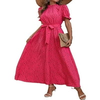 Небрежна полка точка за печат на яка линейна рокля с къс ръкав горещи розови дамски рокли