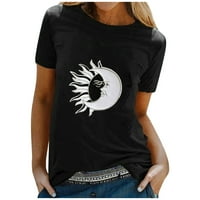 Женски върхове Класически свободно слънце и лунна печат мода o шия късо ръкав дамски летни върхове черни l