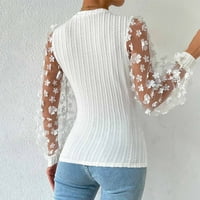 Жени флорални чисти мрежести ризи с дълъг ръкав Мода пролет Лятна летна екипаж Slim Fit ежедневни кабелни плета пуловерна риза