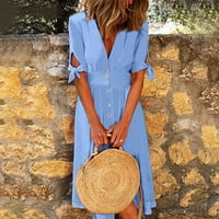 Efsteb дамски летни рокли Sundresses Trendy Beach Небрежно разхлабена плътна цветна рокля V-образни рокли с къс ръкав Midi Ression