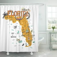 Карикатура на Флорида Карта с туристически атракции Пътуване Маями изтеглена ръка Орландо завеса за душ