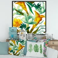 Дизайнарт 'жълти цветя и тропическа зеленина' модерна рамка платно стена арт принт