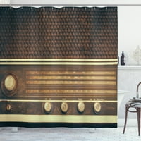 Винтидж завеса за душ, стара антична ретро 60 -те стил радио музикален плейър високоговорители бутони изображение, плат баня с куки, 69W 84L Extra Long, Brown and White