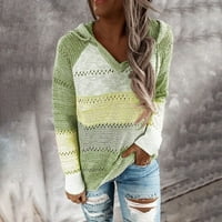 Дамски лято плюс размер v Врат, върхове с дълъг ръкав, свободни цветни блокове пуловер блузи зелени 2xl