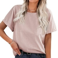 Женски памучни бельо ризи блузи с къс ръкав небрежен кръг кръг в шията твърди туники отгоре розово s