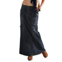 Женски бохо пола плисирана а-линия люлееща се модни дълги средни бутон за талия джоб отпред прави деним макси поли
