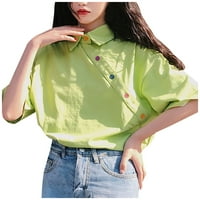 Тениски за жени ретро просто хлабав цвят бутон v-образно деколте с късо ръкав отгоре блуза