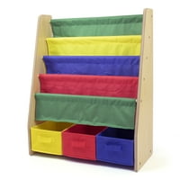 Скромен Детски шкаф за книги с рафтове и кошчета за тъкани, естествено дърво
